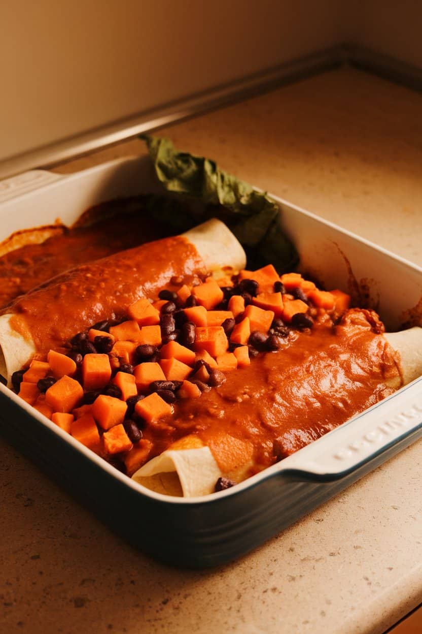 A casserole dish on an indoor countertop holding two saucy enchiladas stuffed with orange sweet potato cubes and black beans, enchilada sauce bubbling, no text or logos.