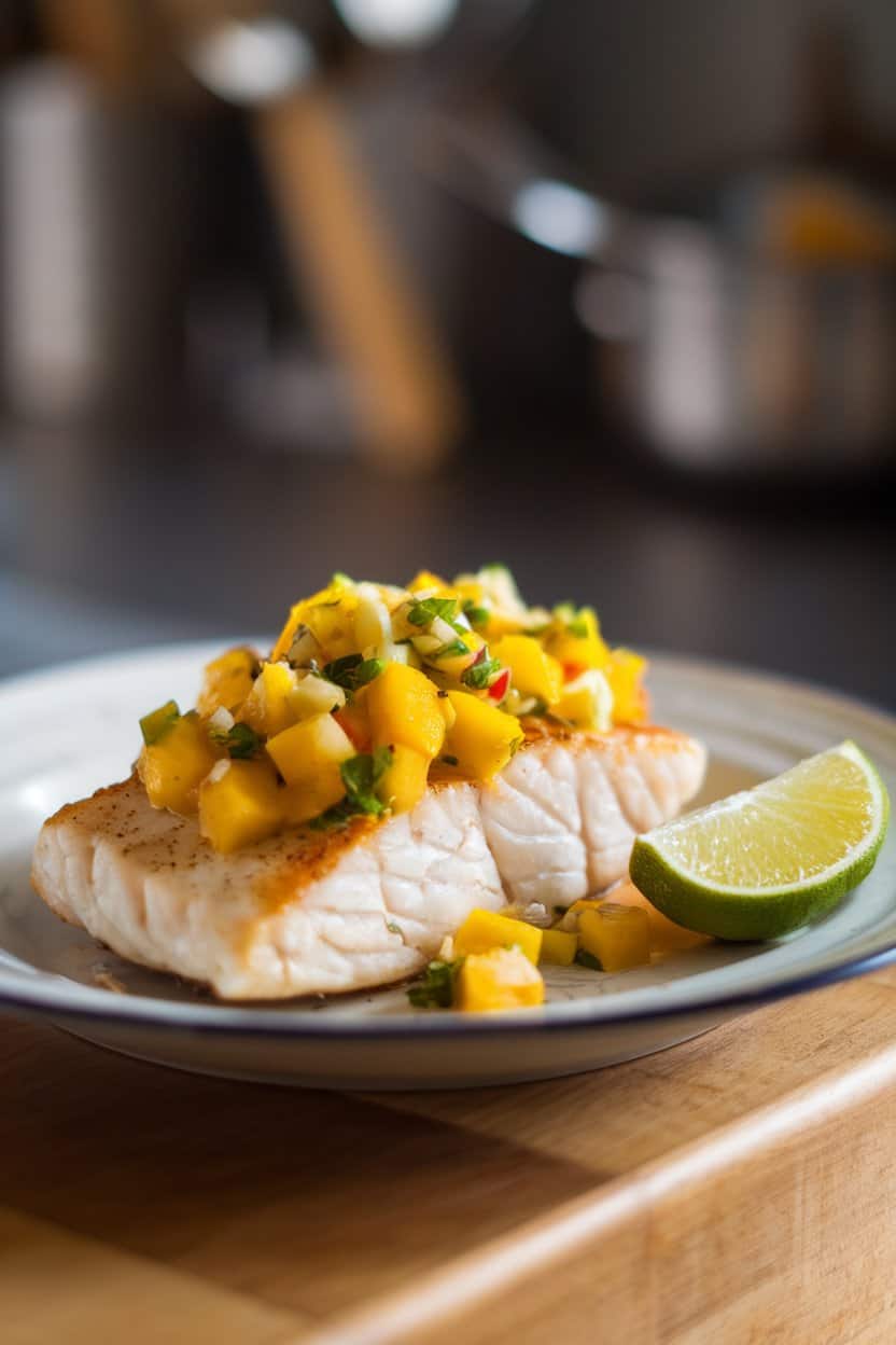 Indoor photo of cooked cod fillet topped with fresh mango salsa on a white plate, lime wedge on the side; soft kitchen lighting, no text or logos