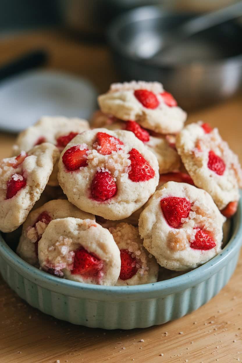 Indoor photo of light vegan cookies dotted with strawberry pieces and coarse sugar on a ceramic dish, no text or logos