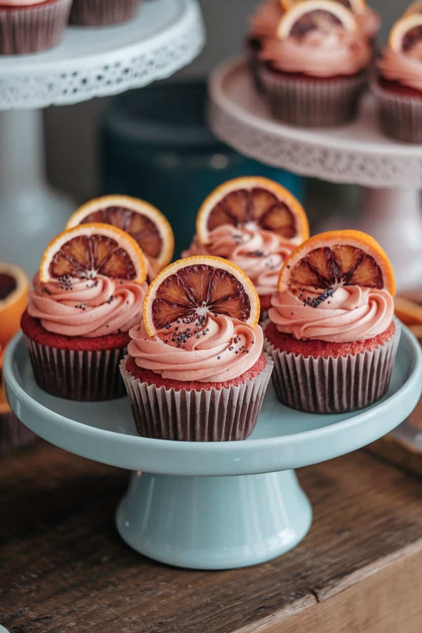 An indoor ceramic cake stand holding cupcakes with pale coral frosting, decorated with poppy seeds and a thin blood orange slice. No text or logos.