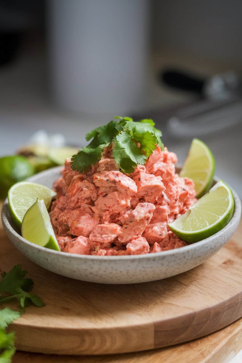 Indoor photo of chicken salad tinted light red from chipotle, garnished with lime wedges and cilantro, served in a matte white bowl—no text or logos