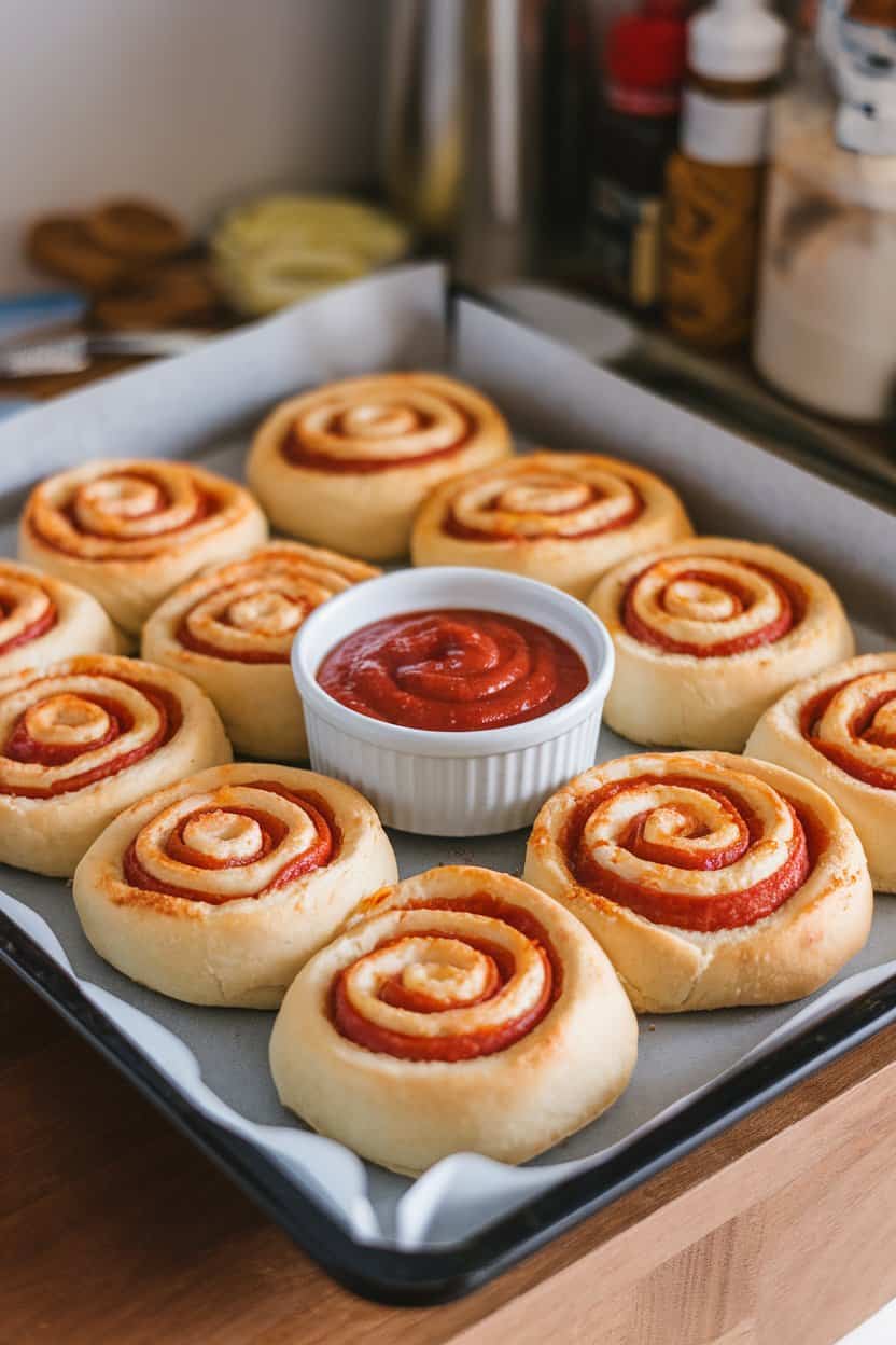 An indoor baking sheet lined with golden pizza rolls spiraled with pepperoni and cheese, a small bowl of marinara in the center. No logos present.
