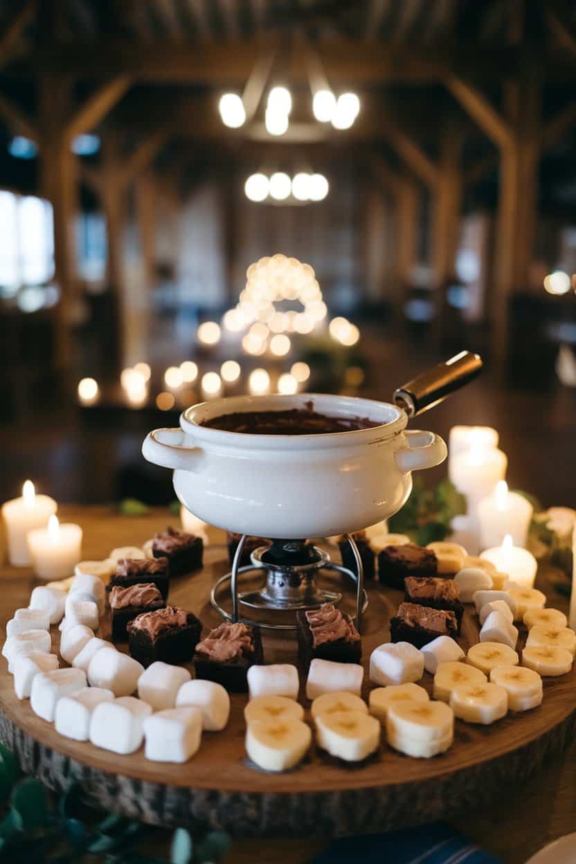 Indoor photo of a fondue pot surrounded by marshmallows, brownie bites, sliced bananas, and heart-shaped pound cake pieces on a wooden board; candlelit setting, no text or logos