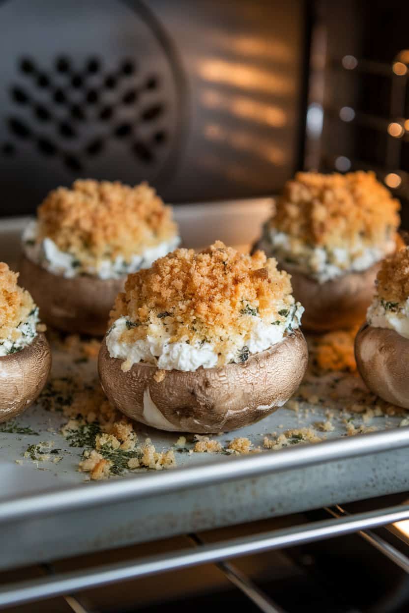 An indoor oven tray with button mushrooms filled with herbed cream cheese, breadcrumbs browned on top. No text or logos.