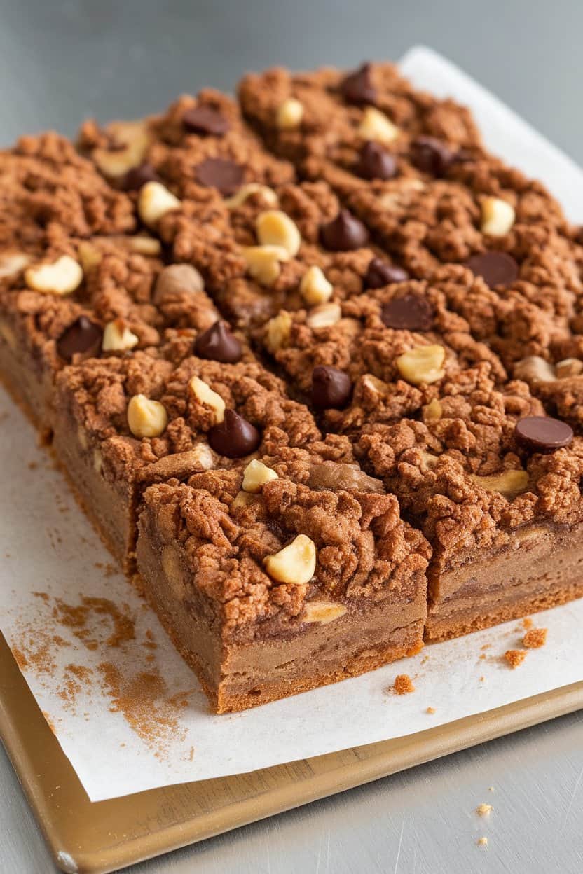 Indoor cutting board with thick blondie squares topped with cinnamon-sugar crust, captured from a slight overhead perspective. No text or logos, photo.