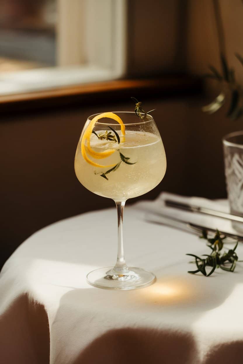 Photo of an indoor bistro table, stemmed wine glass of pale yellow spritz, lemon twist curled inside, tiny verbena leaves floating, soft warm light; no text or logos