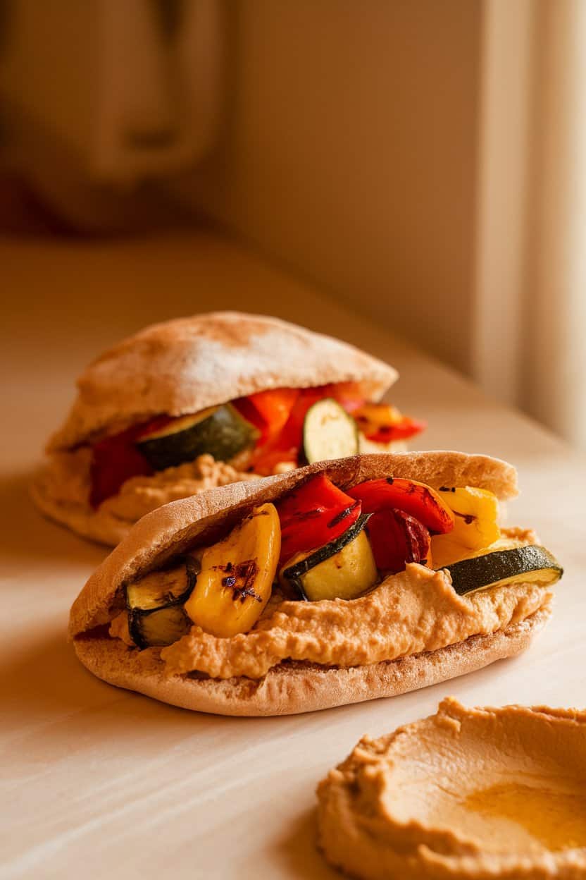 A warmly lit indoor counter showing whole-wheat pita halves stuffed with roasted zucchini, bell peppers, and a generous smear of hummus. No text or logos present.