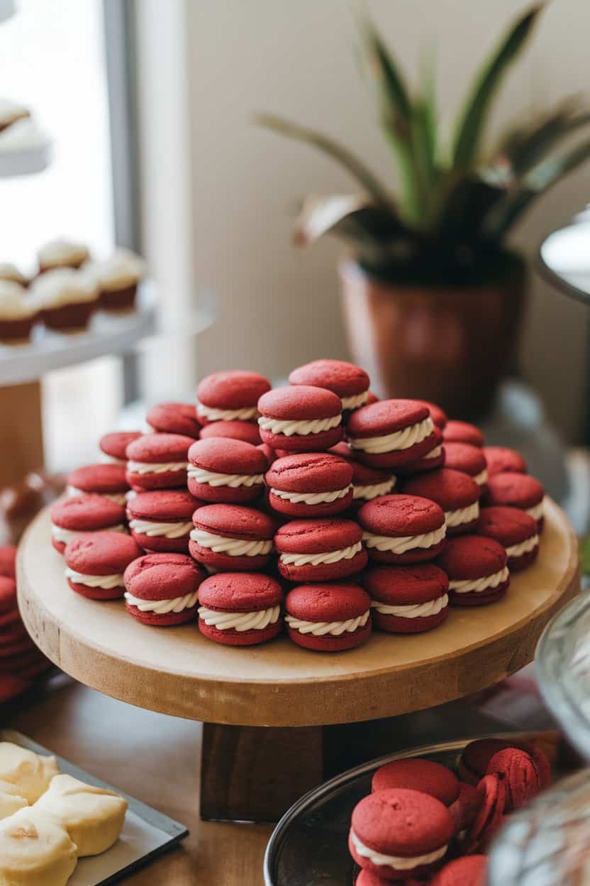 An indoor bakery display of mini red velvet whoopie pies filled with fluffy cream cheese frosting, no logos or text.