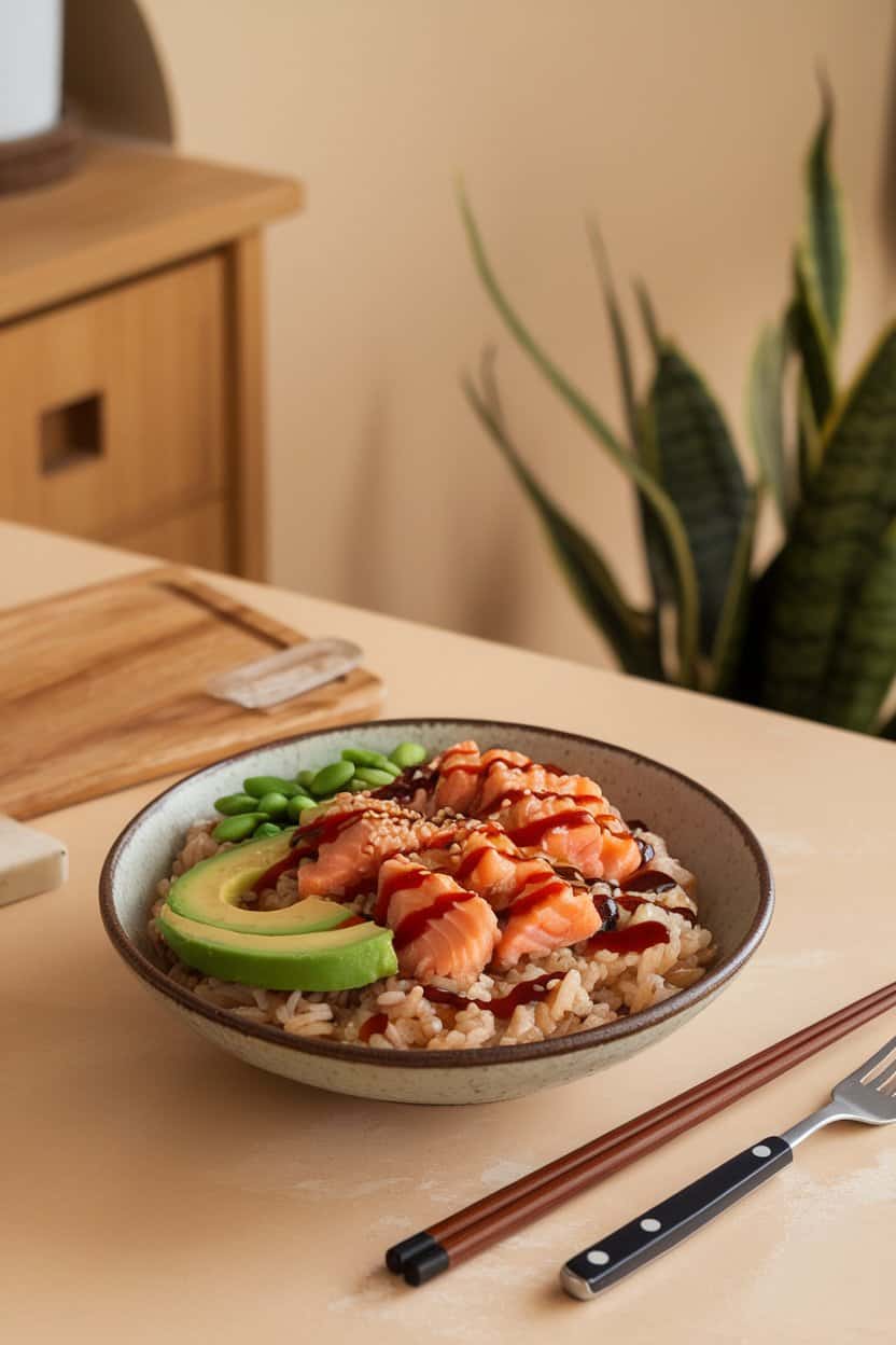 Warm indoor table with a shallow bowl of brown rice topped with flaked baked salmon, avocado slices, edamame, and sesame seeds, drizzled with soy sauce. No text or logos, photo not illustration.