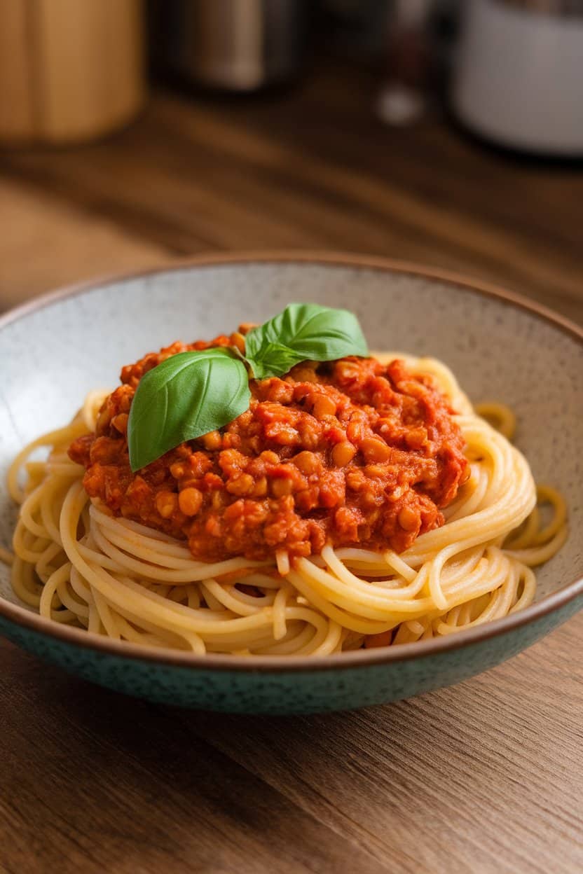 Indoor tabletop featuring a bowl of al dente spaghetti twirled with hearty red lentil Bolognese, basil leaves on top, no text or logos anywhere.