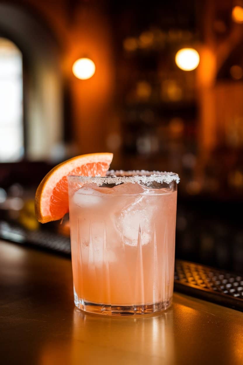 Photo of an indoor cantina bar, rocks glass with pale pink grapefruit drink, salted rim, grapefruit wedge on edge, ice cubes; warm lighting; no text or logos