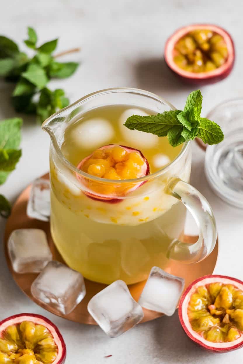 Indoor photo of a pitcher of pale green tea infused with orange passion fruit pulp dots and ice cubes; no text or logos.