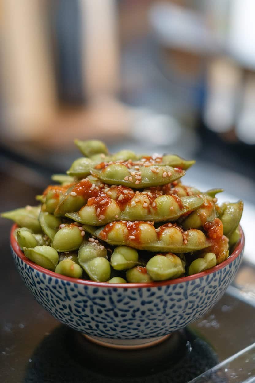 An indoor bowl piled with cooked edamame pods glistening with spicy garlic sauce, sesame seeds sprinkled over. No text or logos. Photo only.