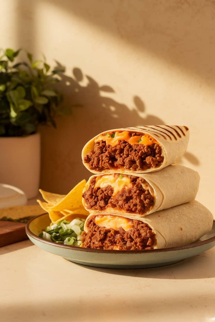 A warmly lit indoor counter with a stack of grilled burritos cut in half to show ground beef, refried beans, and melted cheese inside. No text or logos.