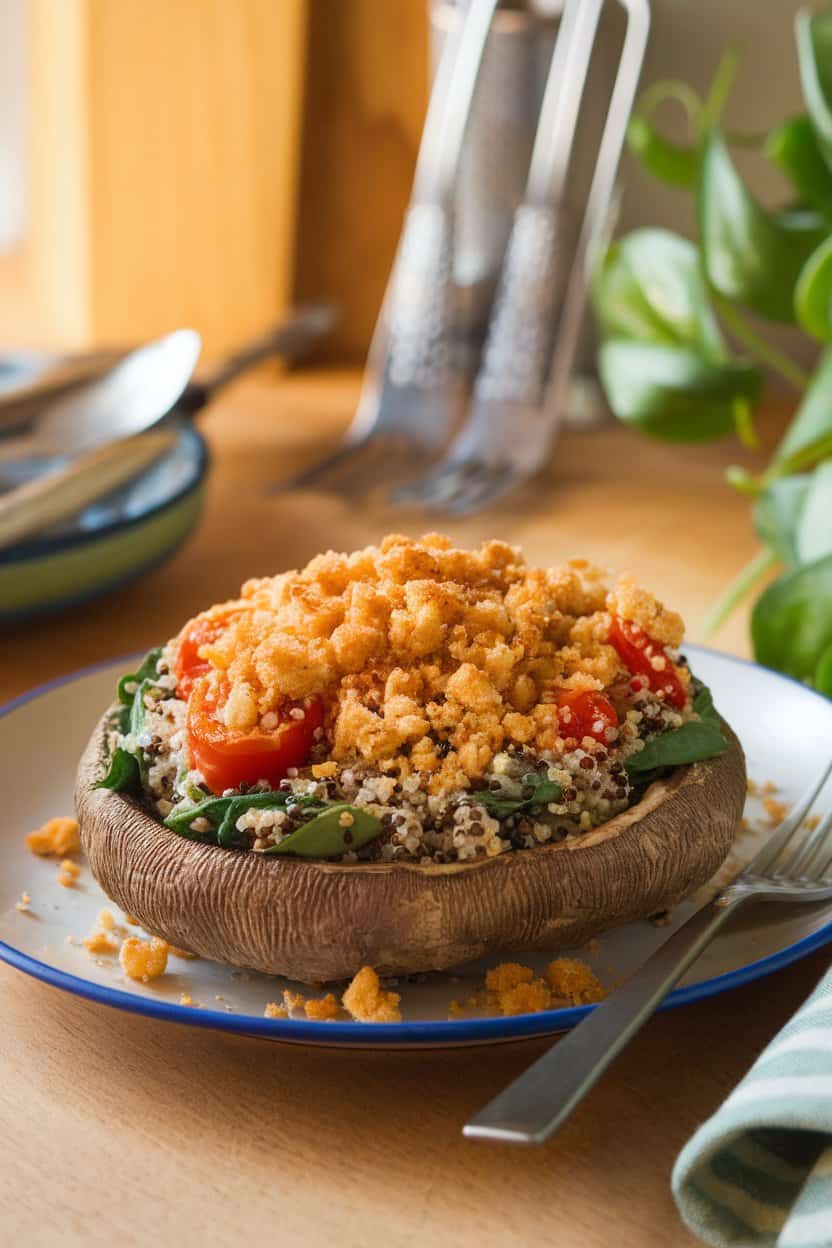 A warmly lit indoor plate showing large baked portobello caps filled with quinoa, spinach, and cherry tomatoes, topped with toasted breadcrumbs. No text or logos; photo.