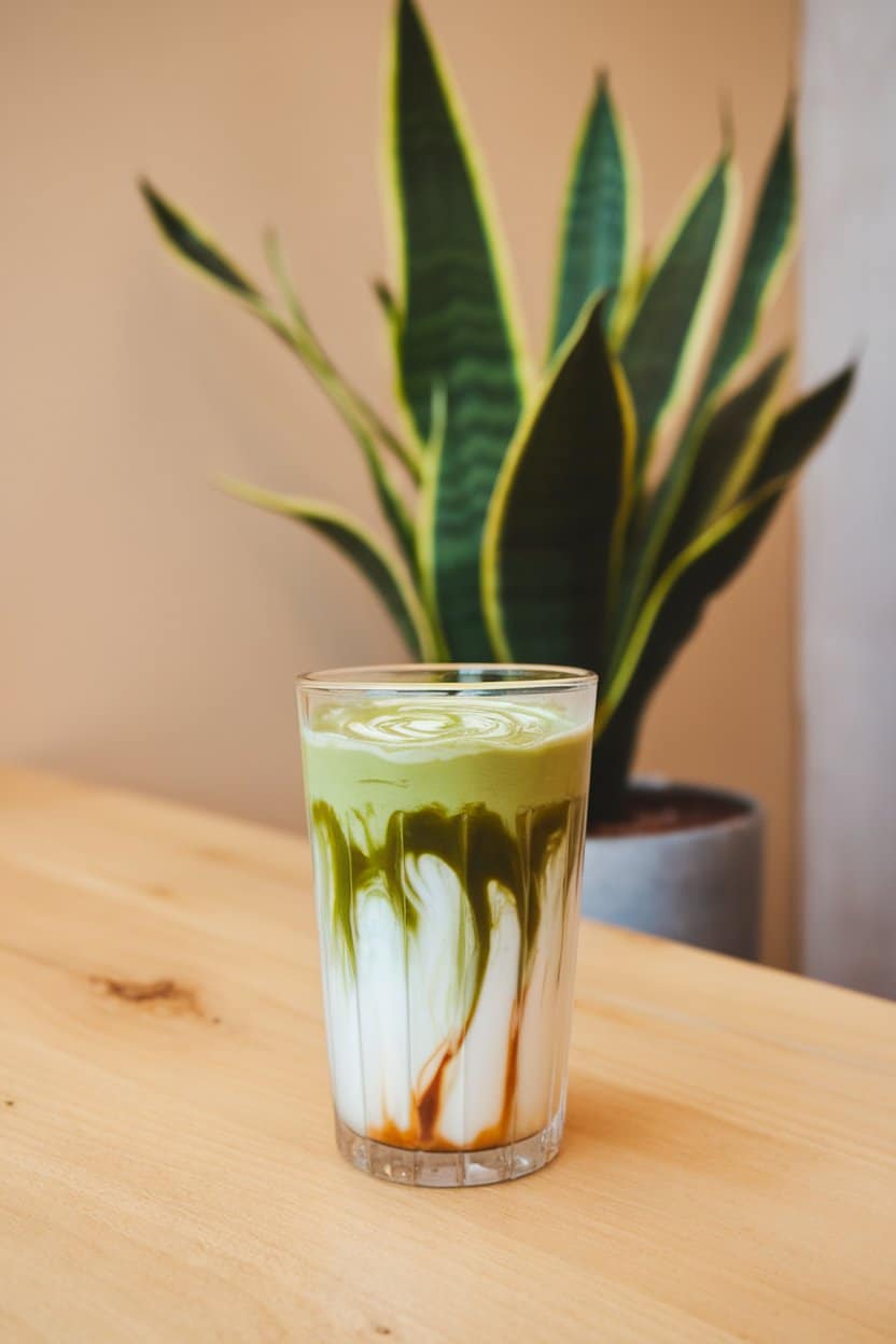 Indoor café-style photo of a clear glass showing layered green matcha over cold milk with ice cubes; swirls visible, no text or logos.