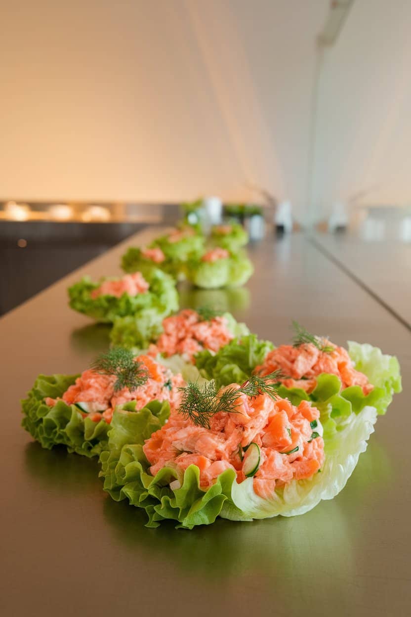 Photo of an indoor counter with crisp lettuce cups filled with salmon salad flecked with dill and cucumber, ready to pick up. No text or logos.