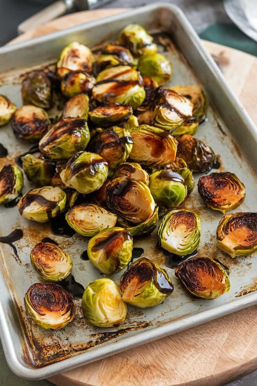 Indoor photo of a sheet pan piled with caramelized Brussels sprouts drizzled with balsamic glaze; no text or logos