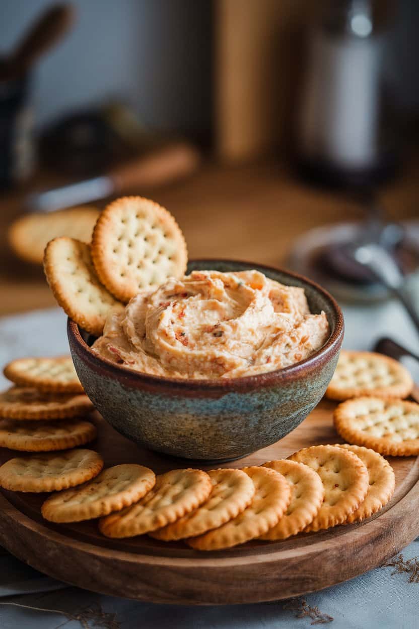 Indoor rustic bowl of creamy pimento cheese with crackers arranged around the edge; soft kitchen lighting; no text or logos.