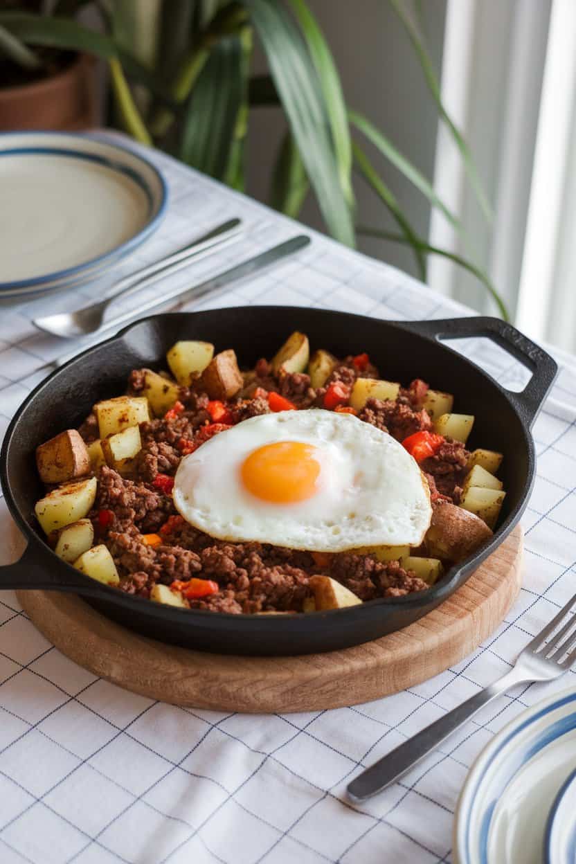 An indoor cast-iron skillet on a brunch table filled with crispy diced potatoes, browned ground beef, and bits of bell pepper, topped with a sunny-side egg. No text or logos.