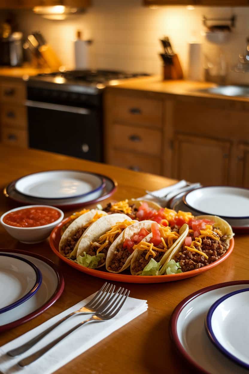 A warmly lit indoor kitchen table featuring a platter of hard-shell tacos filled with seasoned ground beef, shredded lettuce, cheddar, and diced tomatoes, with a small bowl of salsa on the side. No text or logos.