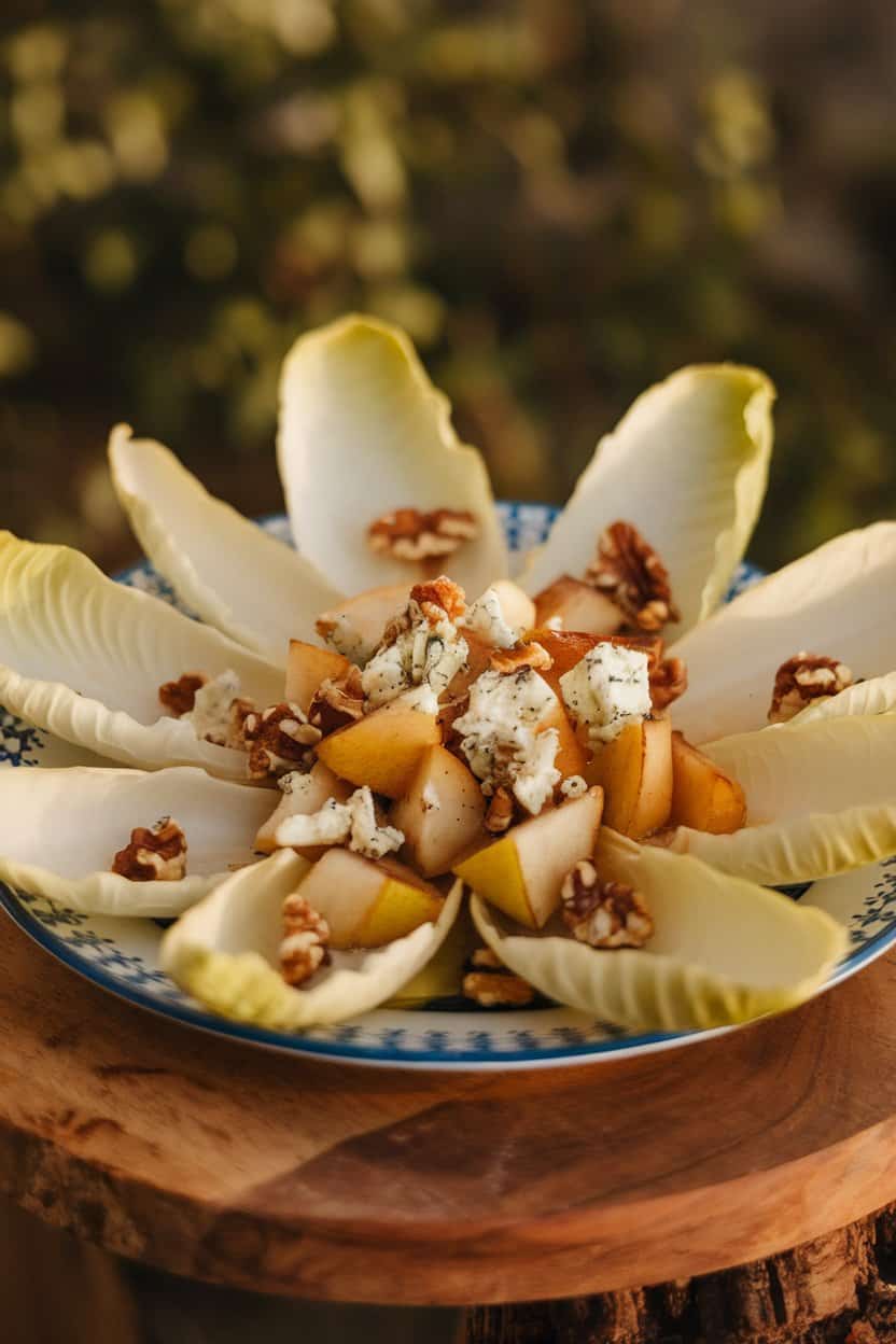 An indoor plate with crisp endive leaves holding diced roasted pears, crumbled gorgonzola, and walnut pieces, glistening under warm light. No text or logos.