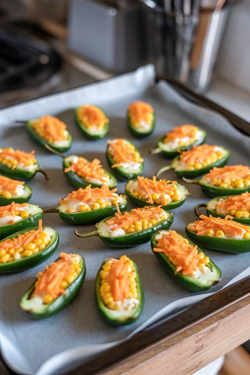 An indoor baking sheet lined with halved jalapeños stuffed with corn, cheddar, and cream cheese, cheese bubbling and golden. No text or logos.