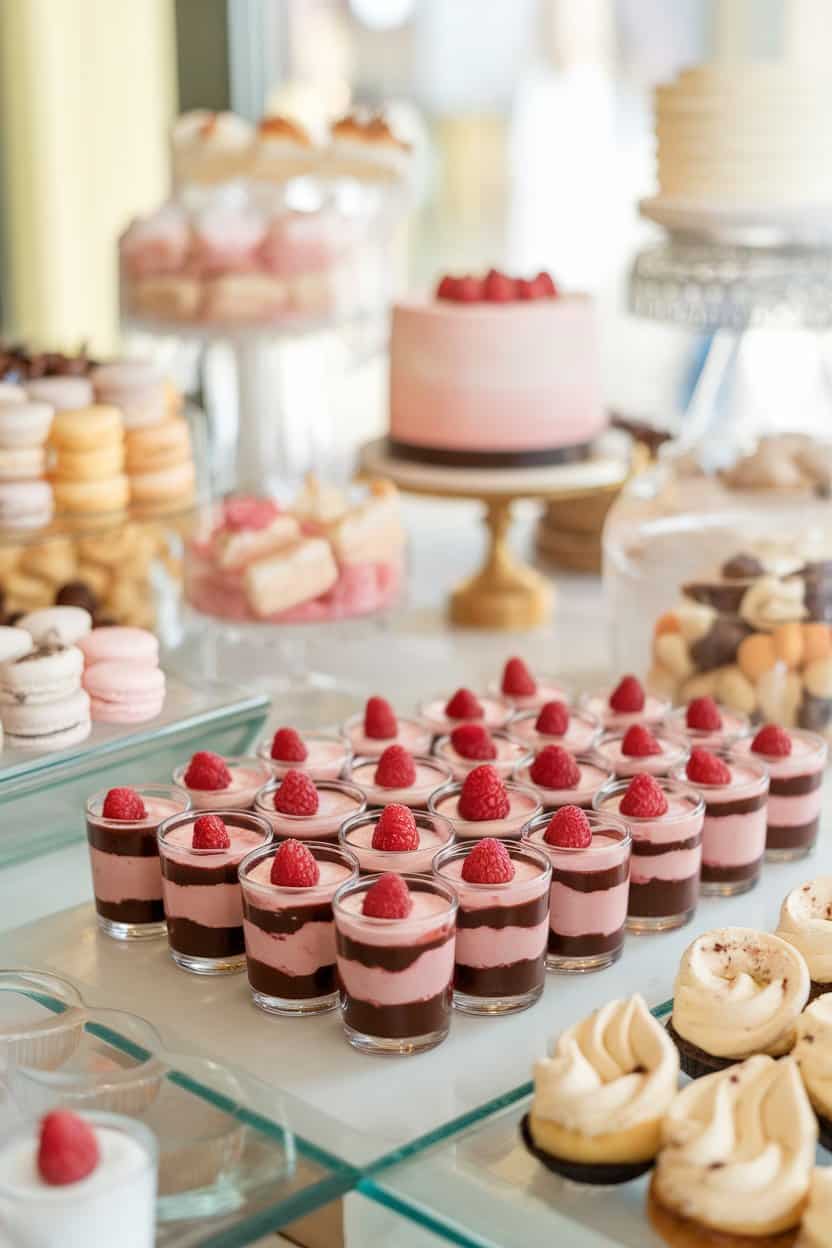An indoor dessert bar featuring small glass cups of layered dark chocolate and raspberry mousse topped with a fresh berry, no text or logos.
