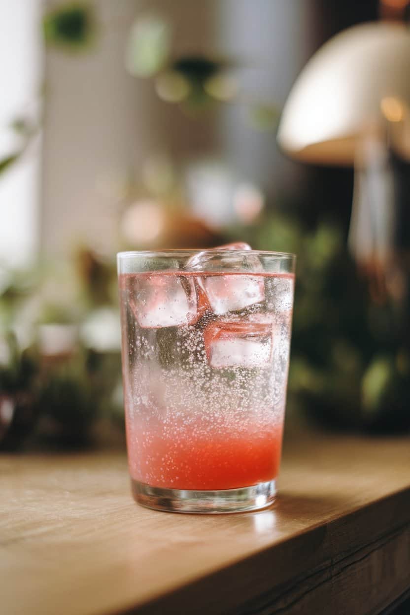Indoor photo of a Collins glass with pink strawberry shrub syrup at the bottom fading into clear sparkling water above, ice cubes bridging the gradient; no text or logos.