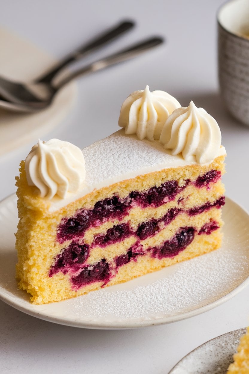 Indoor scene with a slice of lemon cake layered with vivid purple blackberry filling, buttercream rosettes on top. No text or logos.