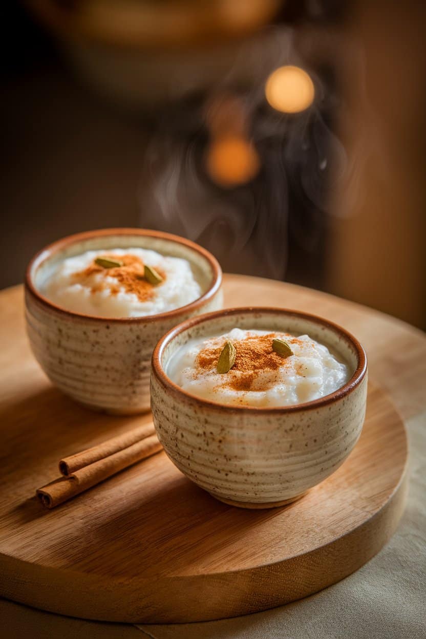 Indoor photo of two small ceramic bowls of creamy rice pudding sprinkled with ground cinnamon and cardamom, steam gently rising. Warm ambient lighting, no text or logos.