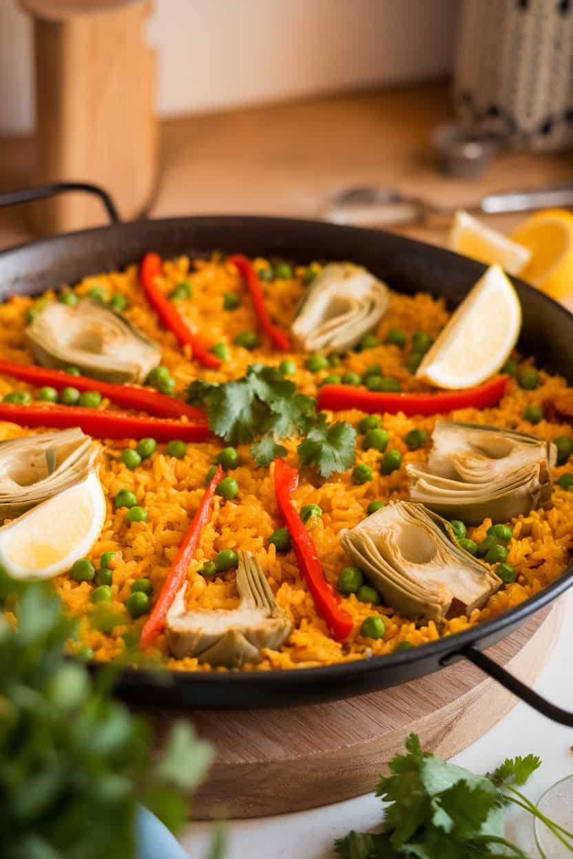 Indoor paella pan filled with saffron-yellow rice, artichoke hearts, peas, and red pepper strips, no text or logos anywhere.
