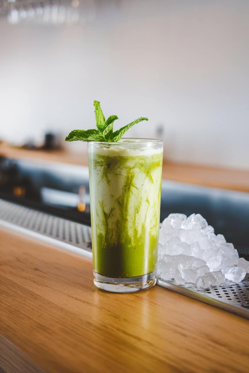 Indoor bar counter with a highball glass of vivid green pineapple matcha drink, crushed ice mound and mint sprig garnish, no text or logos. Photo