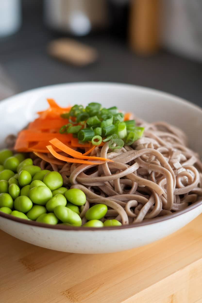 Indoor plate with chilled soba noodles, bright green edamame, carrot ribbons, and sesame dressing glistening, no text or logos.