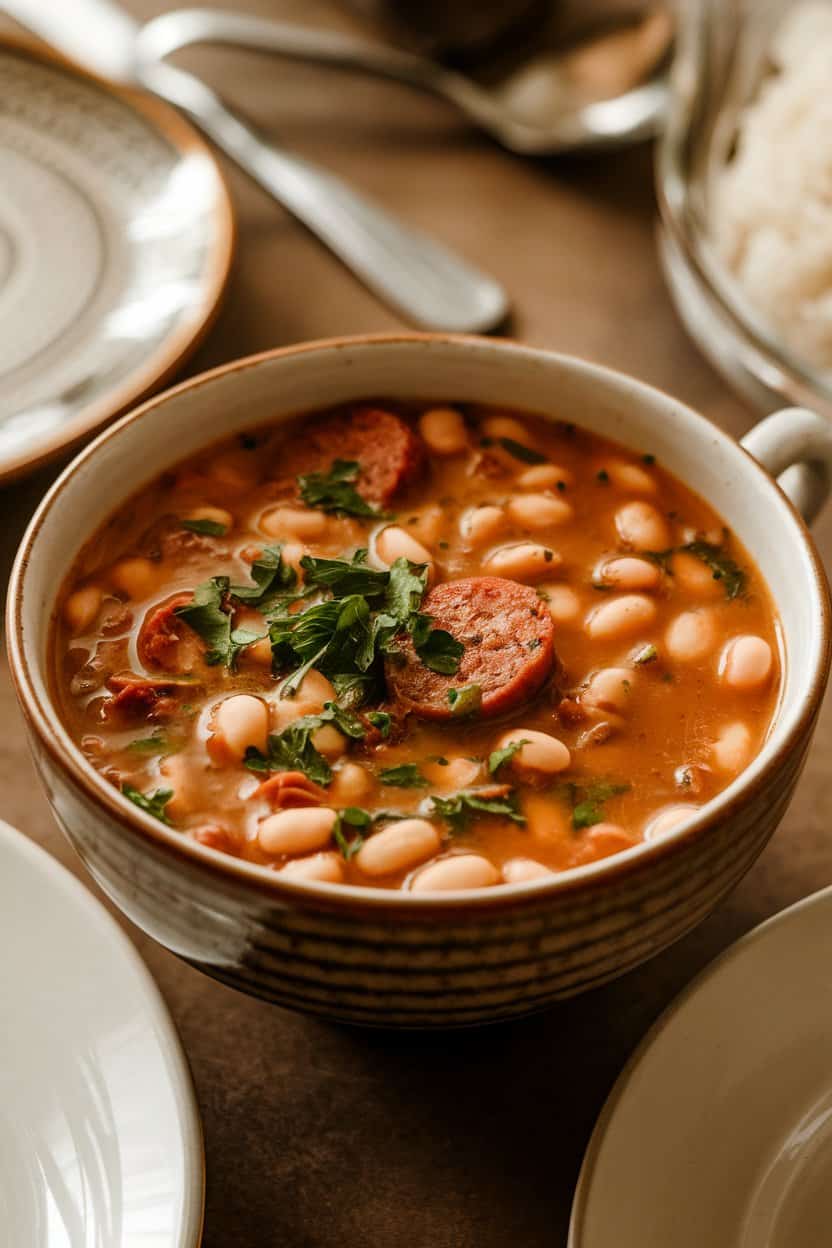 A soup bowl filled with hearty sausage and white bean soup, garnished with chopped parsley, sitting on an indoor table. No text or logos. Photo only.