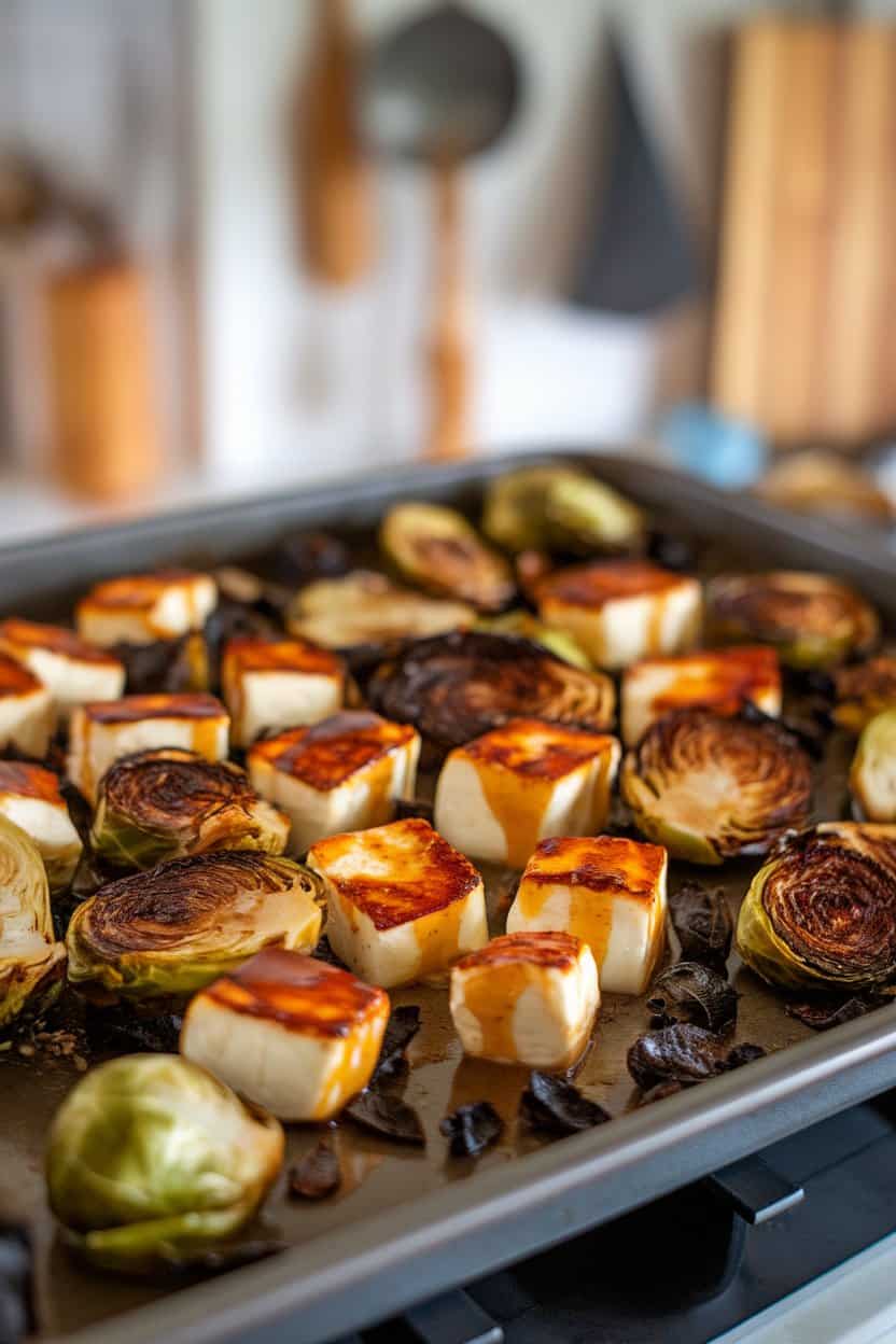 Indoor photo of a roasting tray showing caramelized Brussels sprouts and golden-seared halloumi cubes glazed with maple-dijon sauce. No text or logos present.