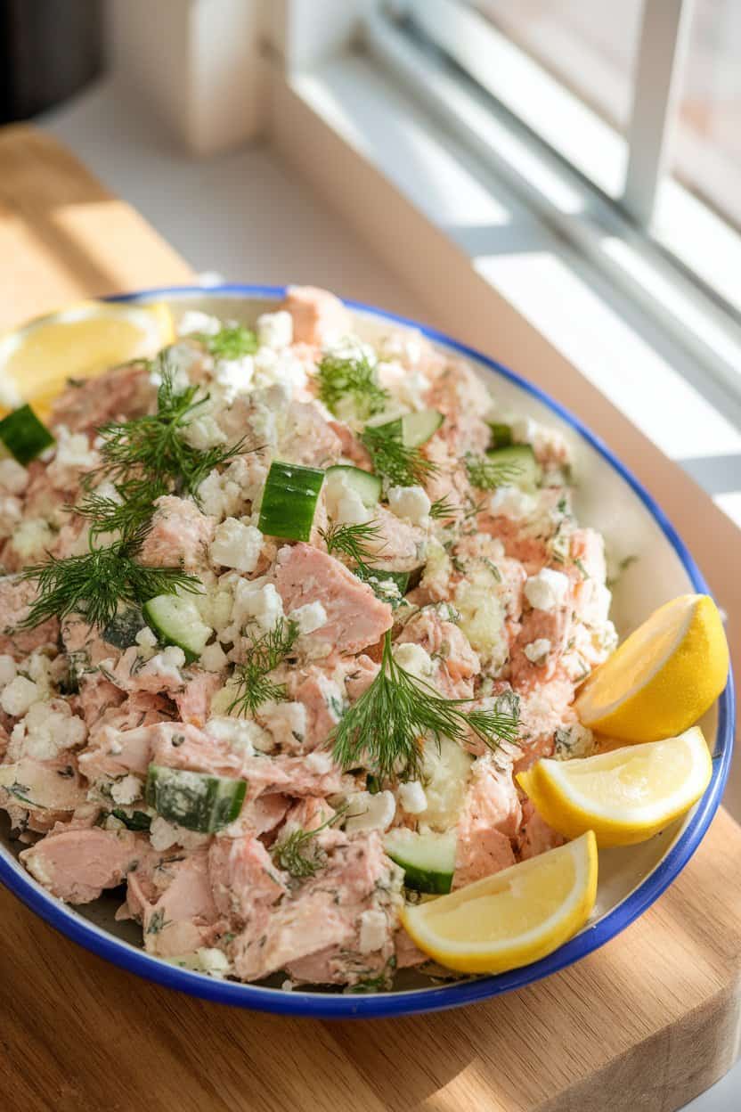 Indoor photo of a shallow dish holding chicken salad flecked with fresh dill, cucumber, and crumbled feta, lemon wedges on the side, sunlight streaming from a nearby window—no text or logos