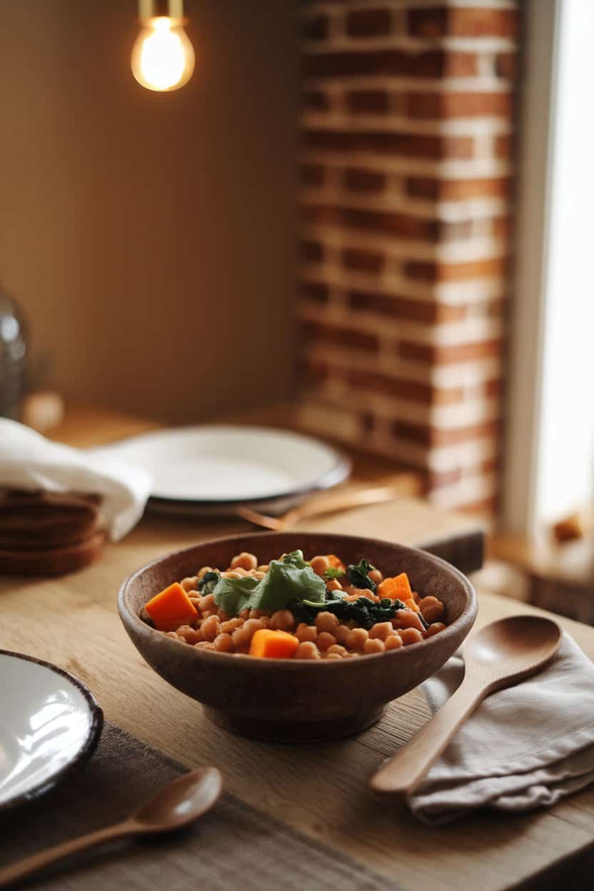 An indoor dining table featuring a rustic bowl of cooked chickpea stew with visible cubes of sweet potato, spinach, and a sprinkle of cilantro. Warm, inviting lighting, no text or logos.