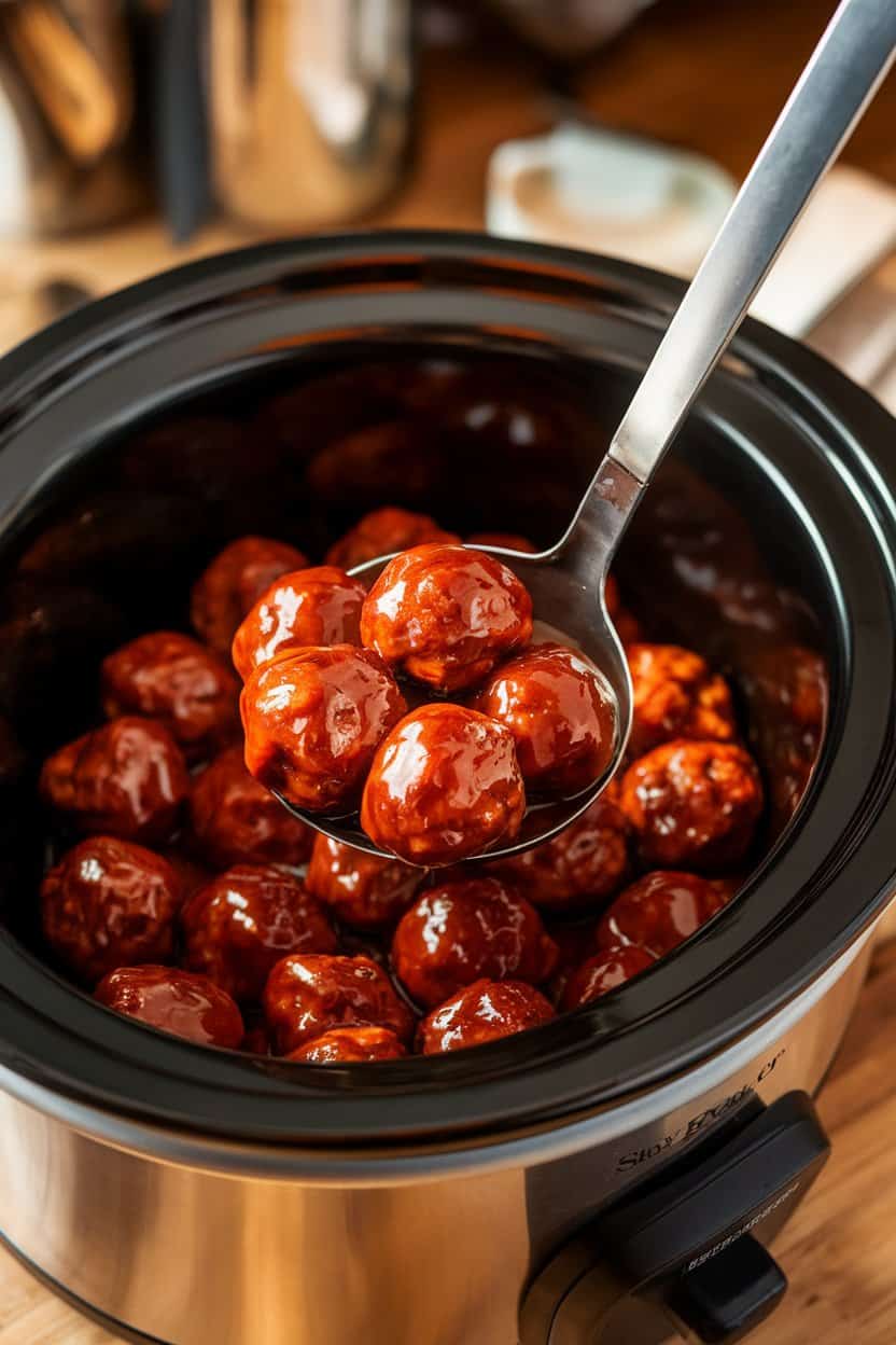 An indoor slow cooker with a ladle scooping glossy barbecue meatballs into a small bowl on a wooden counter, no text or logos.