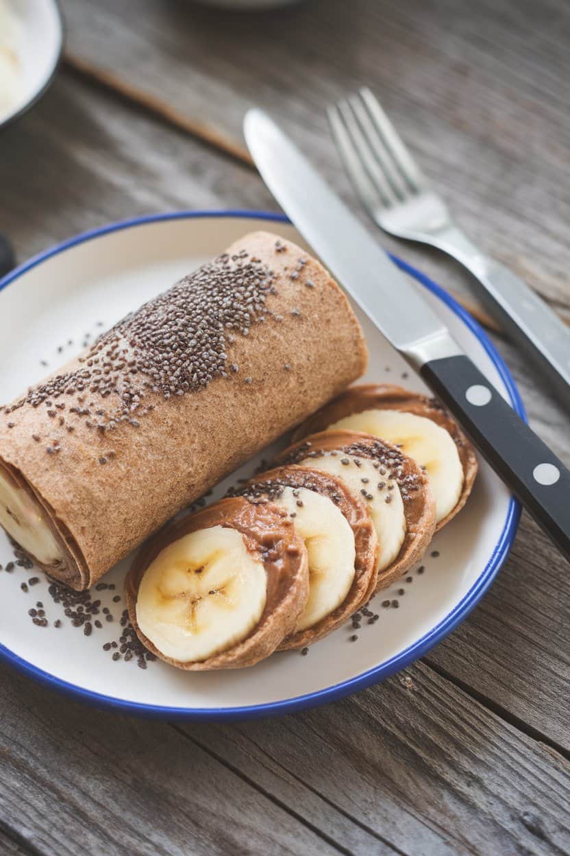 Indoor snack plate showing a whole-wheat tortilla rolled around almond butter and banana, sliced into coins and sprinkled with chia seeds. No text or logos, photo not illustration.