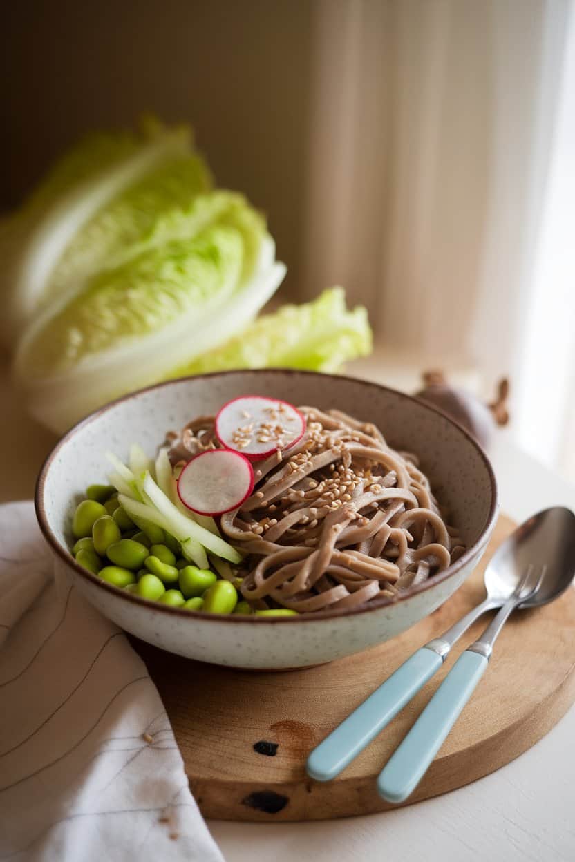 Photo of a softly lit indoor setting showcasing a bowl of cold soba noodles mixed with shelled edamame, julienned cucumber, sliced radish, and sesame seeds, lightly dressed. No text or logos.