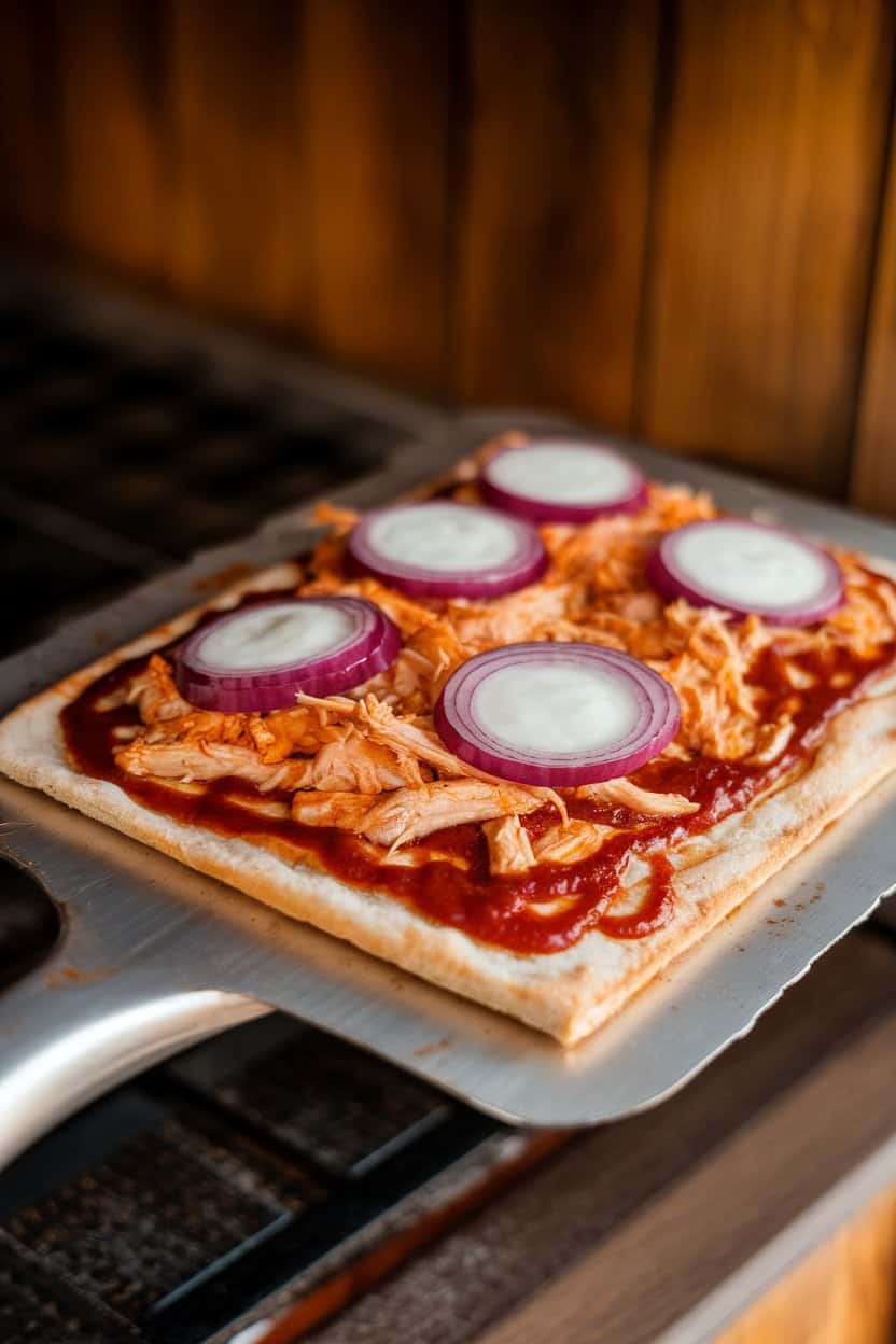 An indoor pizza peel displaying a rectangular flatbread topped with barbecue sauce, shredded chicken, red onion slices, and melted mozzarella. No branding or text visible.