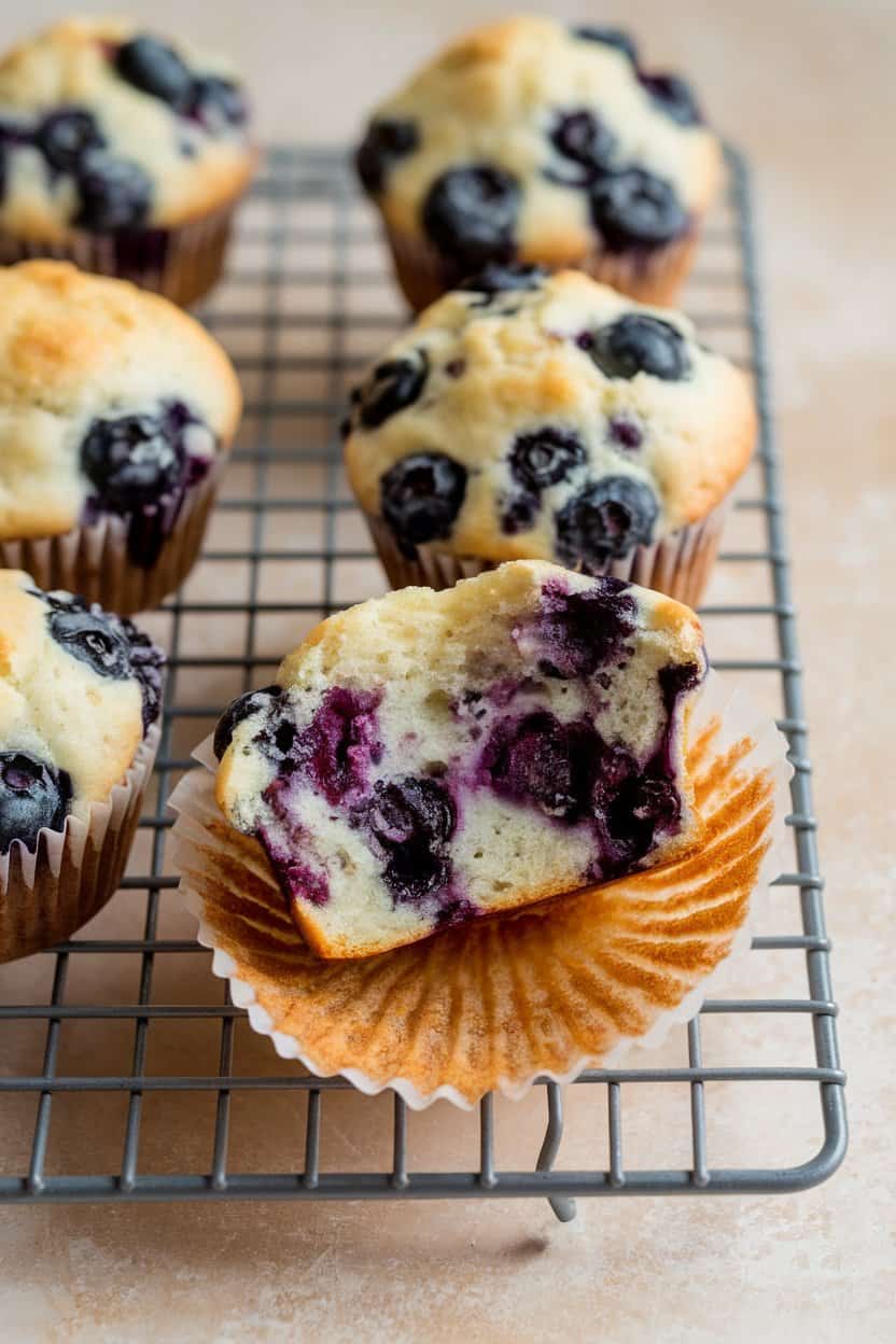 Indoor photo of a cooling rack holding blueberry muffins, one torn open to show moist interior; no text or logos
