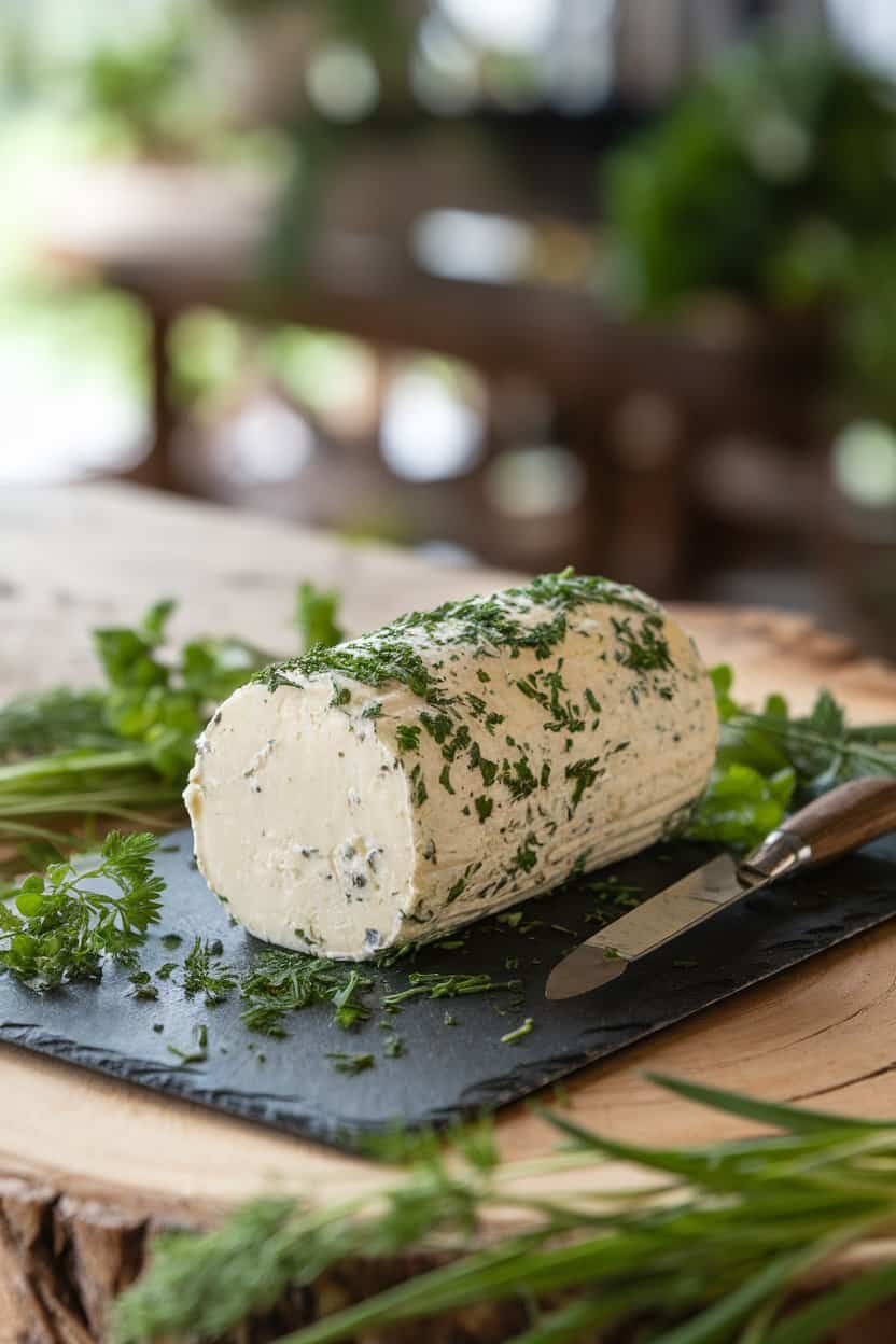 Indoor photo showing a creamy goat cheese log rolled in finely chopped parsley, chives, and dill on a slate platter, with a small spreader knife; soft natural light, no text or logos.