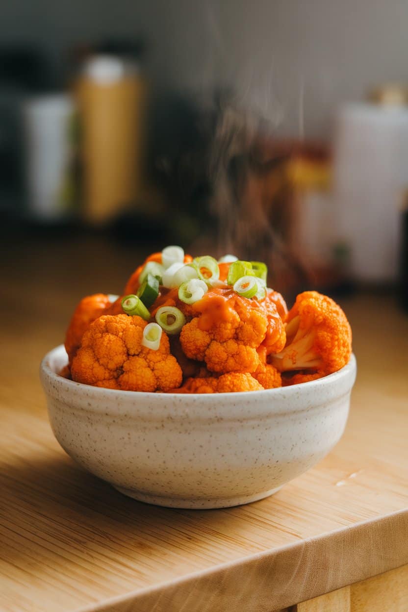 A white ceramic bowl on an indoor countertop filled with saucy buffalo cauliflower florets, slight steam rising, garnished with sliced green onions. Photo, no text or logos.