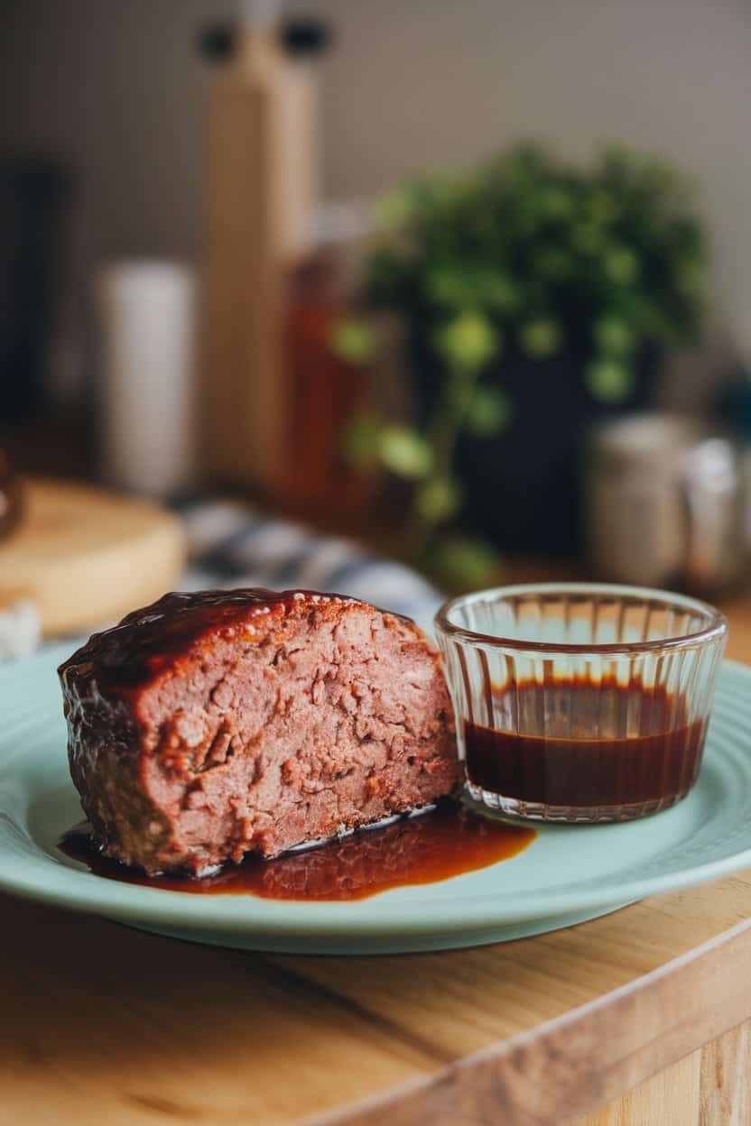 Indoor plate with meatloaf slice glazed in dark maple-bourbon sauce, small glass ramekin of sauce beside it. No text or logos. Photo only.