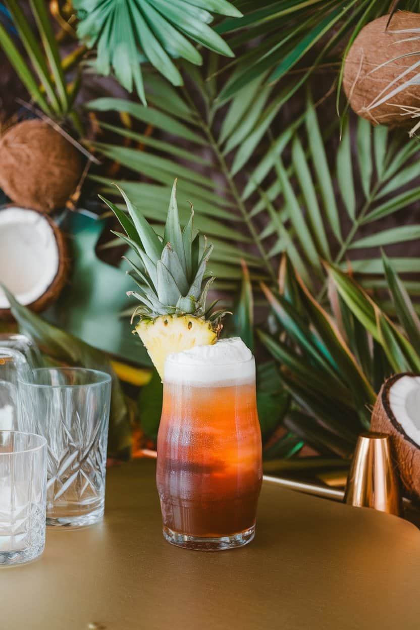 Indoor party bar with a hurricane glass of sunset-hued Rum Runner, pineapple leaf sticking out; photo, no text or logos.