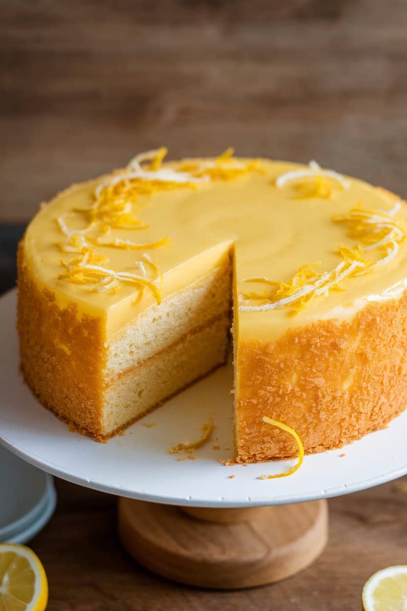Indoor cake stand holding a sliced, golden olive oil lemon cake with visible crumb texture, lemon zest sprinkled on top, no text or logos.