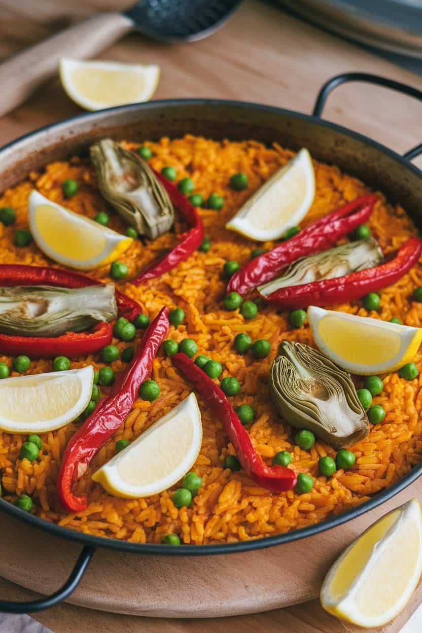 Indoor photo of a shallow paella pan filled with saffron rice, roasted red peppers, artichoke hearts, peas, and lemon wedges. No text or logos shown.