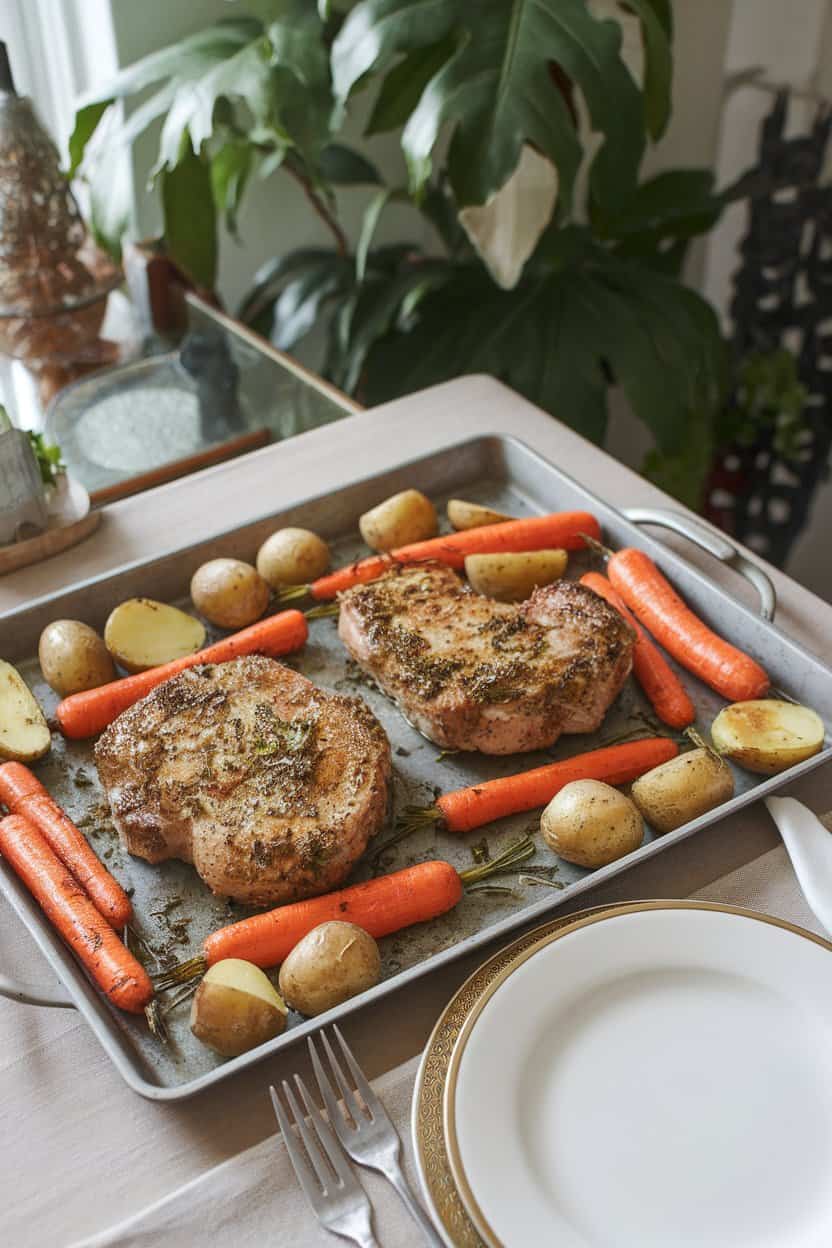 A tray on an indoor dining table holding herb-crusted pork chops surrounded by colorful roasted carrots and fingerling potatoes, all lightly browned. No logos or text present. Photo only.